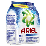Angled Ariel powder detergent bag showing warning panel and brand logo with geometric blue background design