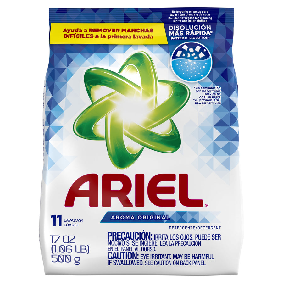 Front-facing Ariel powder detergent bag with green swirl logo and red ARIEL text, original scent packaging