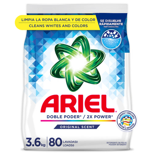 Front-facing Ariel powder detergent pouch with green swirl logo and product text