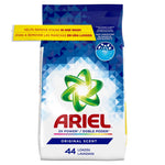 Front-facing Ariel powdered laundry detergent bag with green swirl logo and original scent label on white-blue packaging.