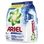 Three-quarter view of Ariel powder detergent packaging showing brand name, green swirl logo and side panel branding