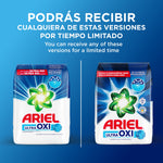 Two slightly different Ariel Ultra Oxi powder package designs shown side-by-side under Spanish text about possible versions.