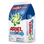 Tilted three-quarter view of an Ariel Ultra OXI powder bag showing front and side package graphics