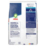 Back of an Ariel Ultra Oxi powder detergent value bag showing caution text, usage instructions and ingredient panel