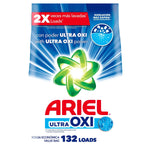 Front of an Ariel Ultra Oxi powder laundry detergent bag with logo, green swirl emblem and '132 loads' callout