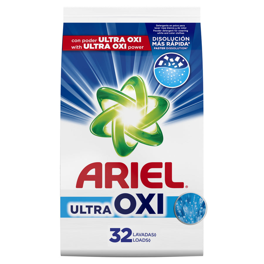 Front-facing bag of Ariel Ultra OXI laundry powder with prominent logo and blue burst design