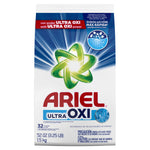 Front view of Ariel Ultra OXI powder bag with logo, burst graphic, and dosage icon visible