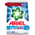 Front-facing Ariel Ultra Oxi powder detergent bag with green star logo, 'ARIEL' branding and 'Ultra Oxi' label.