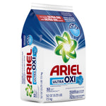 Three-quarter perspective of an Ariel Ultra OXI powder bag showing front and side branding and details