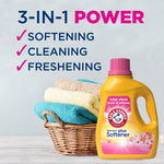 Arm & Hammer detergent plus softener bottle by a wicker basket of folded towels with 3-in-1 power softening cleaning freshening text