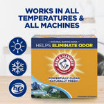 Arm & Hammer Alpine Clean powder detergent box with icons for temperature and HE machine compatibility and bold headline