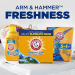 Arm & Hammer Alpine Clean powder detergent box displayed on a washer top with other Arm & Hammer product packaging in the background