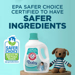 Arm & Hammer Baby detergent bottle beside a Safer Choice certification badge and text about safer ingredients.