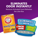 ARM & HAMMER baking soda box beside an illustrated litter box graphic labeled 'eliminates both' for feces and urine odors