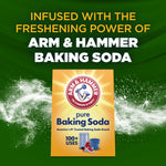 Graphic panel showing an Arm & Hammer baking soda box and text about infusion with Arm & Hammer baking soda on a green background.