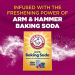 Graphic panel showing Arm & Hammer baking soda box and text about the product being infused with baking soda power