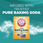 Graphic of an Arm & Hammer baking soda box with text stating the product is infused with pure baking soda