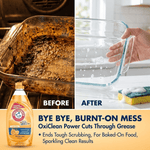 Split before-and-after image showing a burnt-on cookware side and a clean glass dish with an Arm & Hammer + OxiClean bottle.