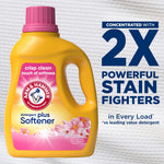Arm & Hammer yellow detergent plus softener bottle with pink cap beside text highlighting 2X powerful stain fighters