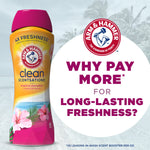 Arm & Hammer Clean Scentsations Tropical Paradise bottle next to brand logo and promotional headline about long-lasting freshness