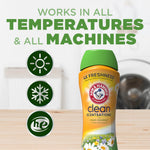 Arm & Hammer Clean Scentsations bottle beside icons for hot, cold and HE with headline about working in all temperatures and machines.
