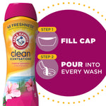 Arm & Hammer bottle with infographic showing step 1 fill cap and step 2 pour into every wash instructions