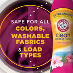 Arm & Hammer Clean Scentsations bottle beside washing machine drum and text about colors and fabrics