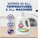 ARM & HAMMER Sensitive Skin detergent bottle on a table with icons and headline stating it works in all temperatures and machines