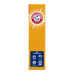 Narrow side of Arm & Hammer box showing logo and commitment icons on an orange background
