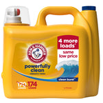 Yellow Arm & Hammer laundry detergent jug with handle and Clean Burst label showing wave graphic and load count