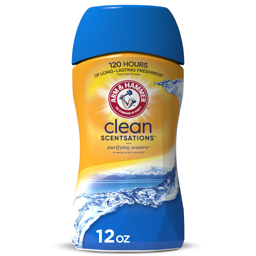 Arm & Hammer Clean Scentsations in-wash scent booster bottle with blue cap and water splash graphics, 12 oz label visible