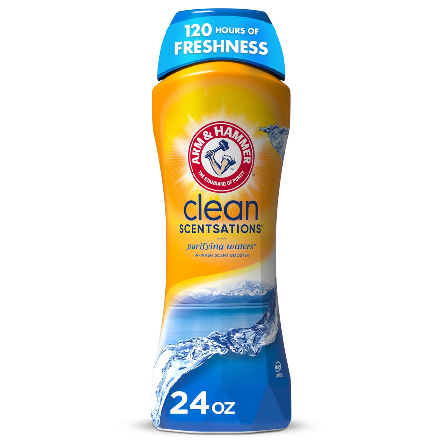 Tall Arm & Hammer Clean Scentsations purifying waters in-wash scent booster bottle with blue cap and water graphic