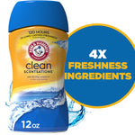 Arm & Hammer Clean Scentsations scent booster bottle with callout circle reading '4X FRESHNESS INGREDIENTS' and water splash