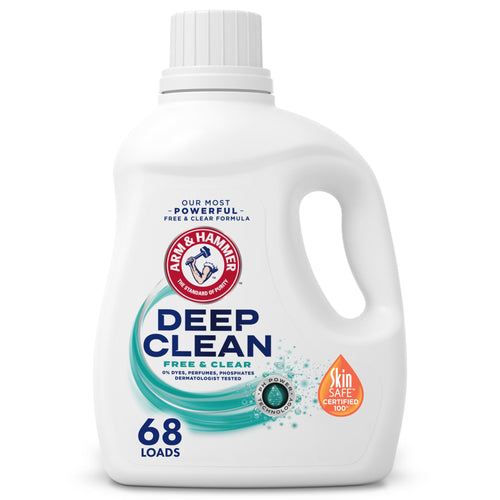 White ARM & HAMMER Deep Clean Free & Clear liquid detergent bottle with handle and teal swirl label