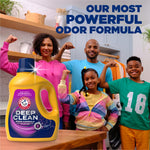 Family in a laundry room flexing arms with a large ARM & HAMMER Deep Clean detergent bottle in the foreground and headline text