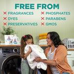 Mother and child with laundry and copy listing ingredients the product is free from, with detergent packaging visible