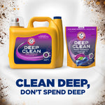 ARM & HAMMER Deep Clean large yellow detergent jug alongside a refill pouch against a white background with marketing tagline below.