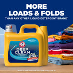 Yellow ARM & HAMMER Deep Clean detergent jug pictured beside a stack of colorful folded laundry under a promotional headline