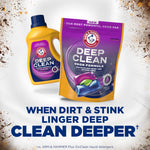 Product duo display showing ARM & HAMMER Deep Clean liquid bottle and pouch with headline about cleaning power
