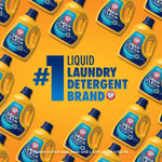 Graphic tile pattern of multiple yellow Arm & Hammer Deep Clean detergent bottles with bold text proclaiming #1 liquid laundry detergent brand
