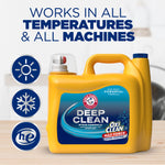 Yellow ARM & HAMMER Deep Clean detergent jug on a countertop with icons for temperatures and machines and bold works-in-all-machines text