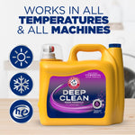Yellow ARM & HAMMER Deep Clean detergent jug on a countertop with icons for temperatures and machines and text about compatibility.
