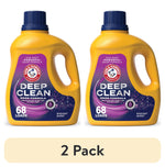 Two yellow ARM & HAMMER Deep Clean liquid laundry detergent bottles side by side with purple labels