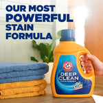 Product-in-context image of Arm & Hammer Deep Clean detergent jug next to folded towels with large text claiming a powerful stain formula