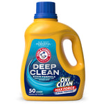 Close-up product photo of a yellow Arm & Hammer Deep Clean liquid detergent jug with blue cap and OxiClean Max Force label