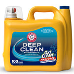 Yellow ARM & HAMMER Deep Clean liquid detergent jug with blue label and OxiClean Max Force badge on a white background
