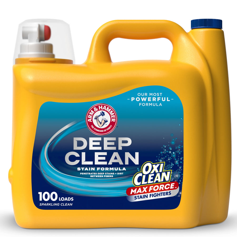 Yellow ARM & HAMMER Deep Clean liquid detergent jug with blue label and OxiClean Max Force badge on a white background