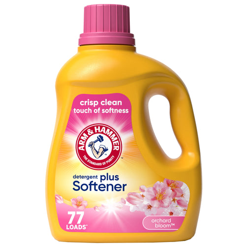 Yellow Arm & Hammer detergent plus softener bottle with pink cap and orchard bloom label on white background