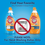 Two Arm & Hammer + Oxi Clean dish liquid bottles with a no-dishwasher symbol and notice for hand-washing only