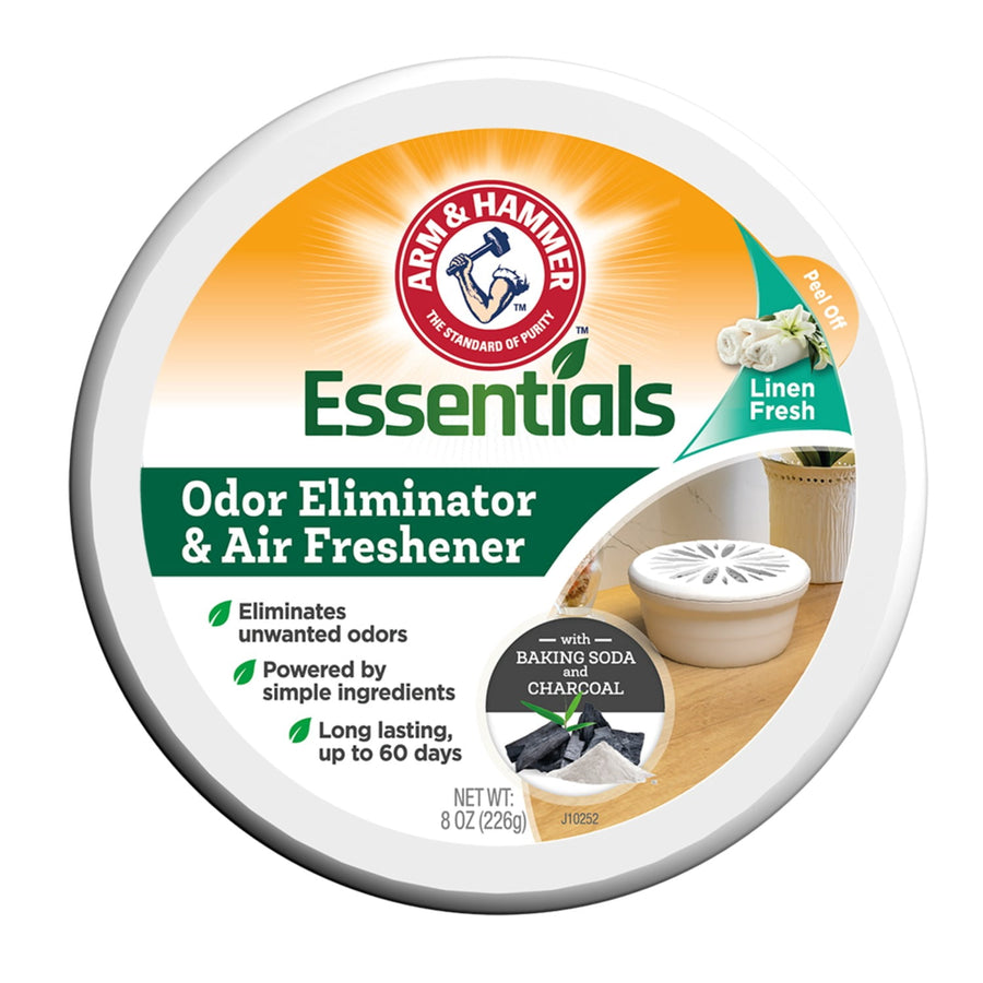 Top-down close-up of Arm & Hammer Essentials Linen Fresh odor eliminator can with label and product photo